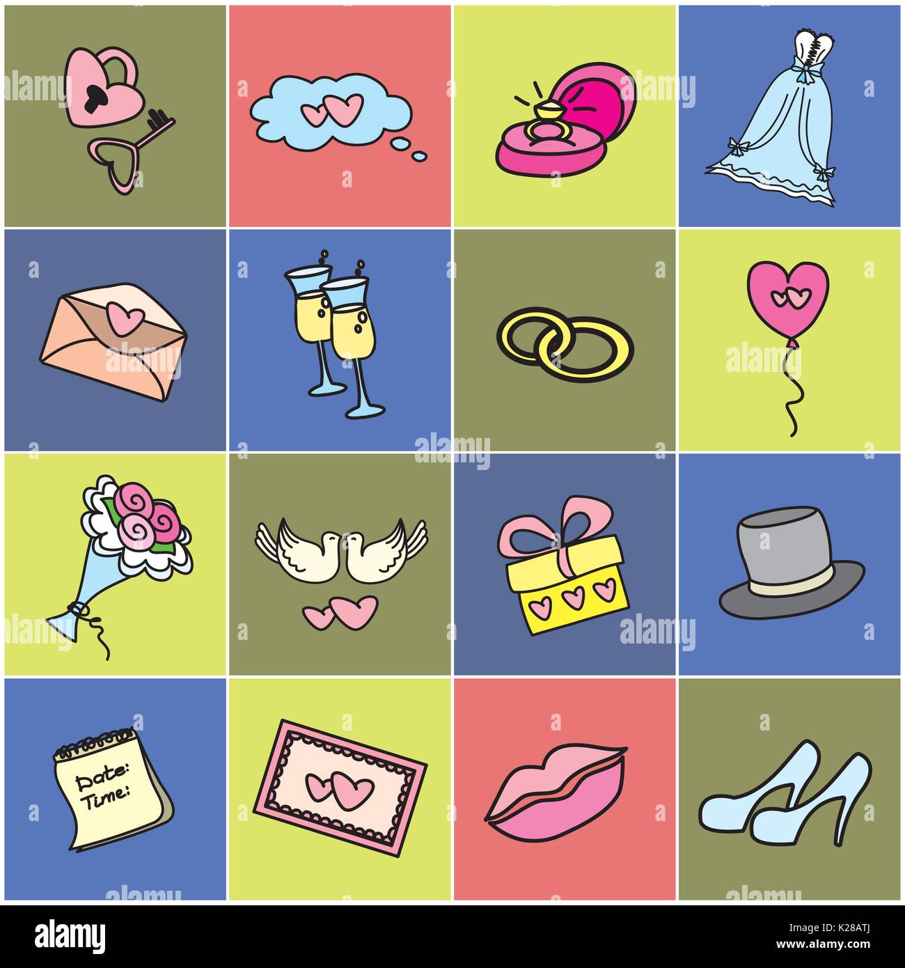 Colored  icon set - Wedding, marriage, bridal. Hand drawn vector Stock Vector
