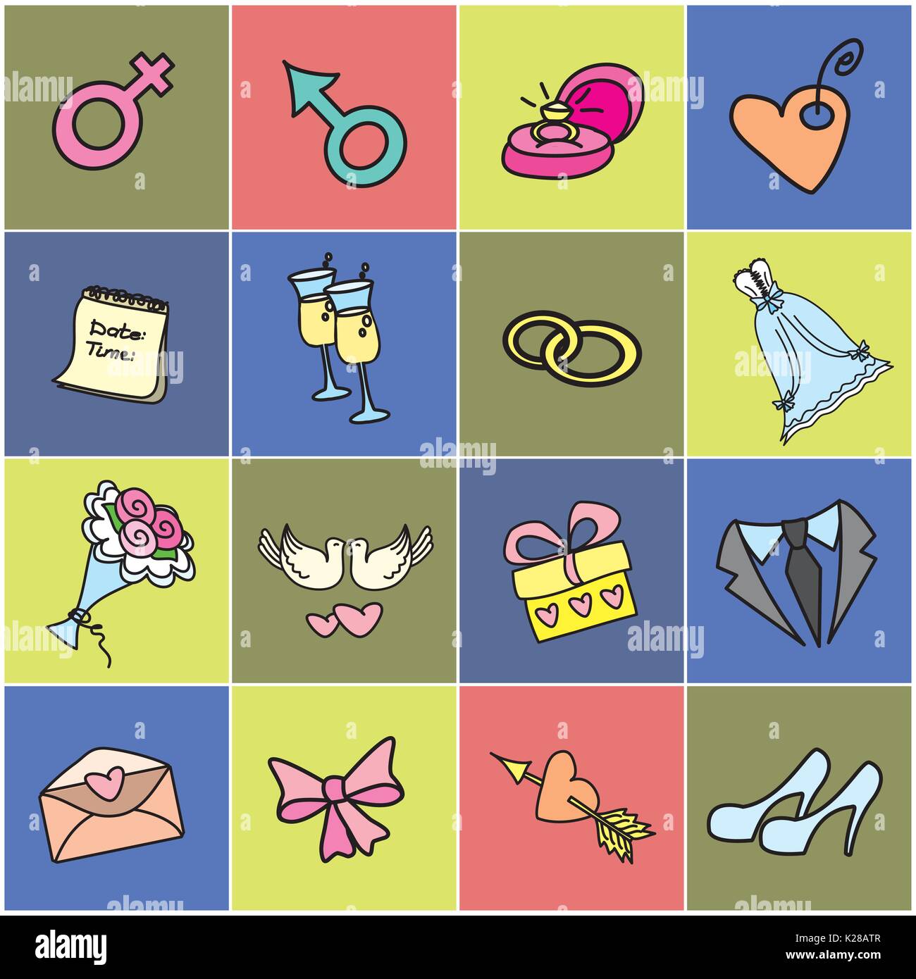 Colored  icon set - Wedding, marriage, bridal. Hand drawn vector Stock Vector