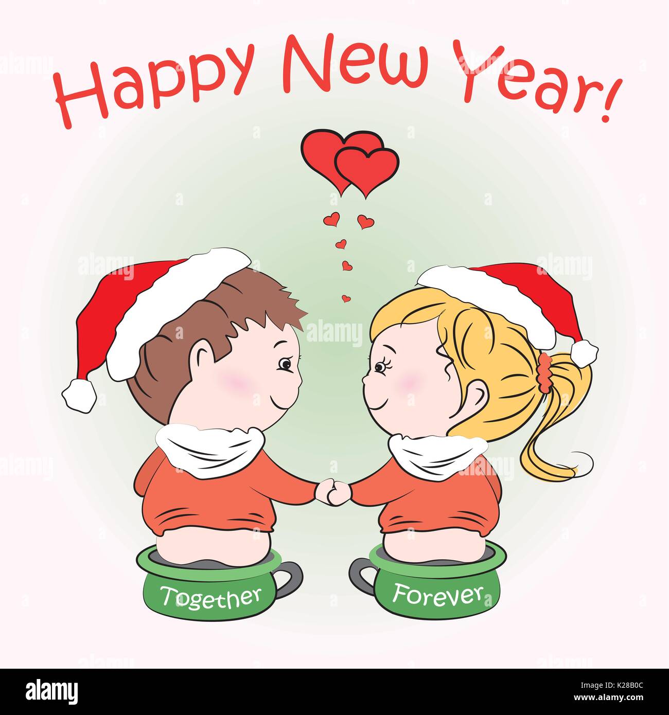 Loving boy and girl sitting on children's pots, Happy New Year greeting card, vector Stock Vector