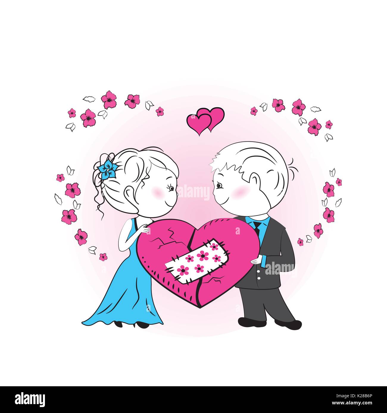 A loving couple holding a pink heart with a patch, vector illustration ...