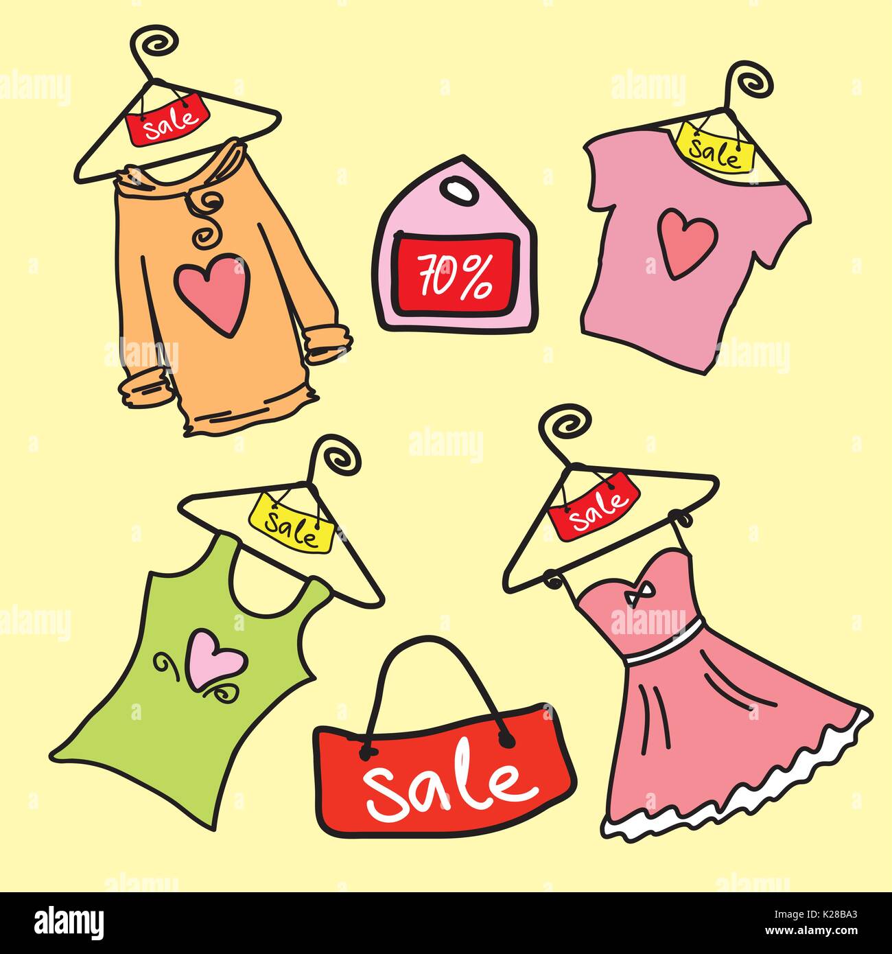 fashion shopping background, clothes and accessories, doodle hand drawn