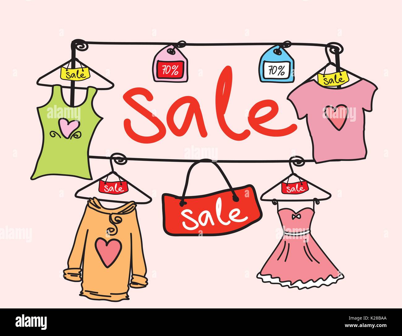 fashion shopping background, clothes and accessories, doodle hand drawn