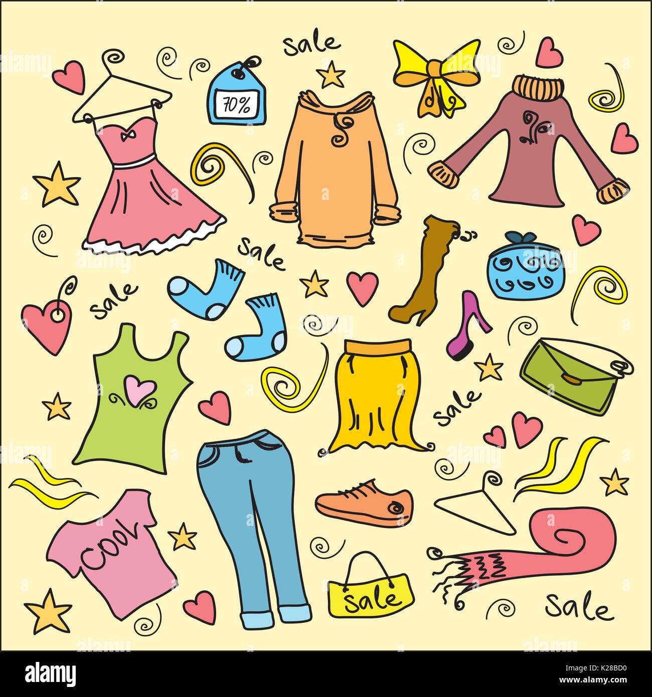fashion shopping set, clothes and accessories, vector illustration