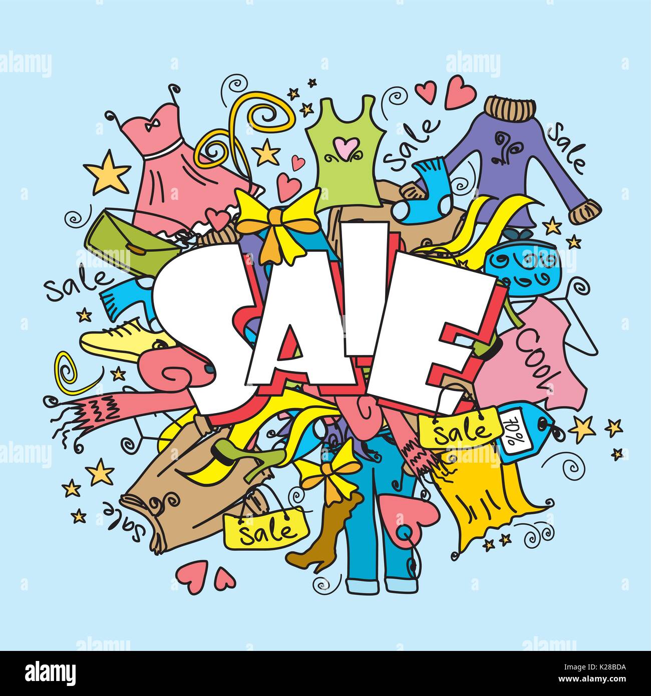 Sale fashion shopping background, clothes and accessories, vector