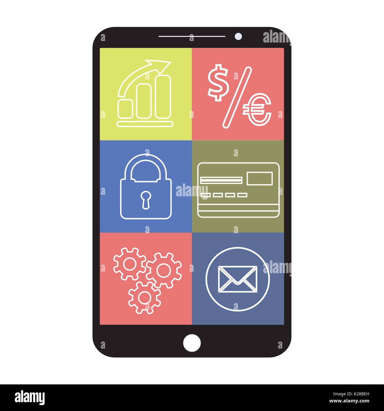 Smartphone with flat app icons, on white background , vector illustration Stock Vector