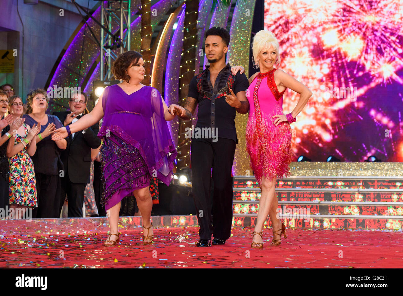 Susan Calman (left), Aston Merrygold and Debbie McGee at the launch of Strictly Come Dancing 2017 at Broadcasting House in London. Stock Photo