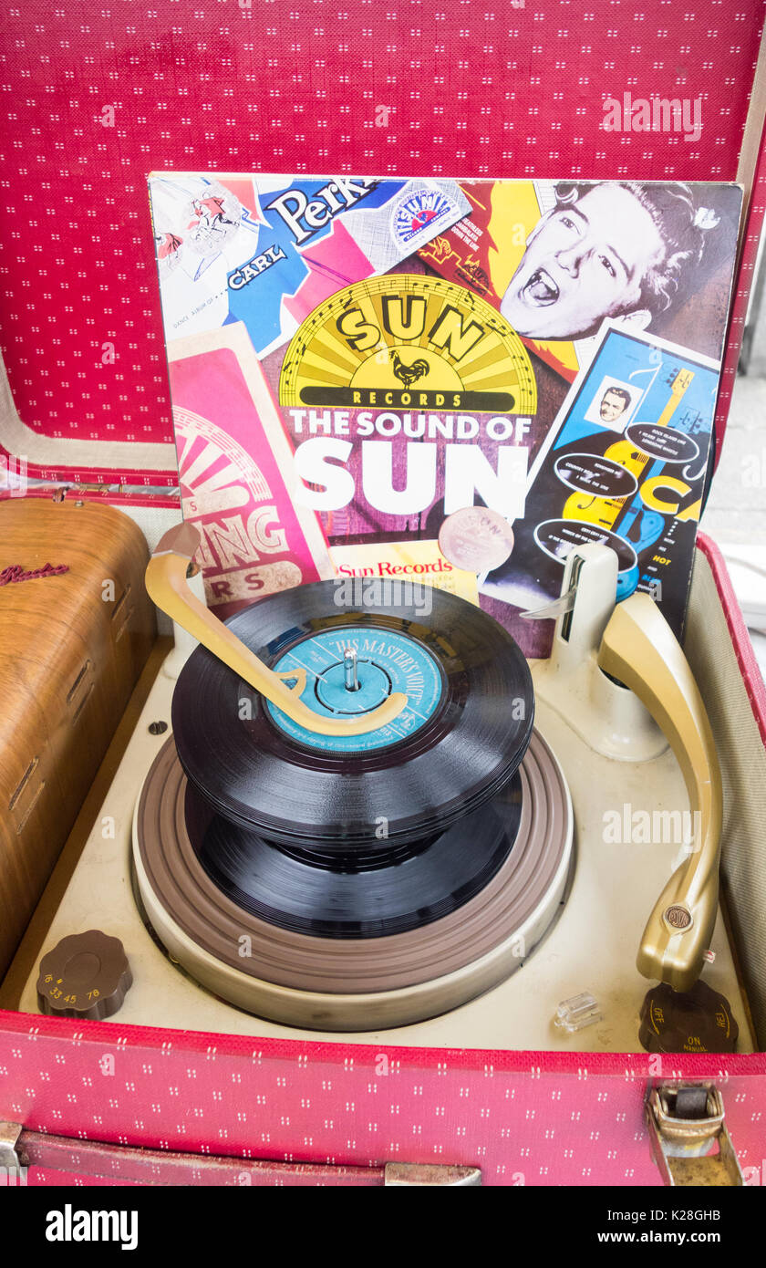 Retro record player with Sun records LP sleeve. Stock Photo