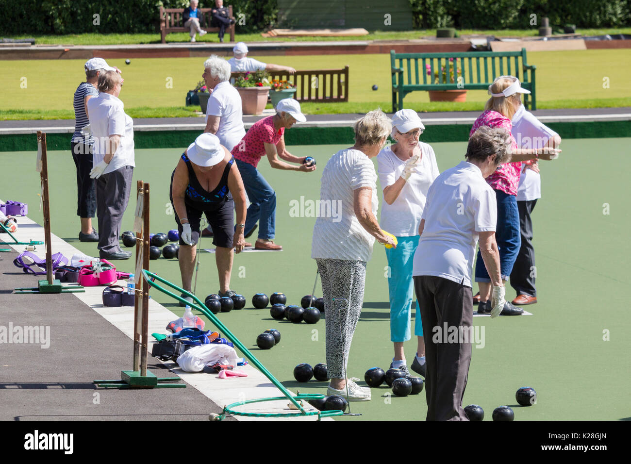 Elderly women playing bowls outdoors. Billingham, north east England. UK Stock Photo