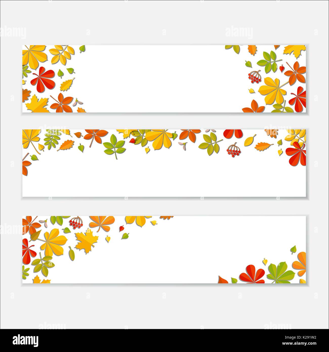 Horizontal Banner set with Autumn falling leaf on white background ...