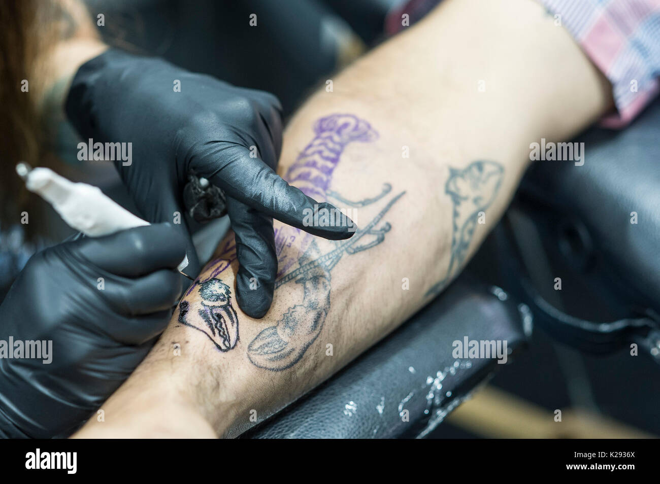 Tattooing. A tattoo being applied to the forearm of a customer using dotwork art and handpoke tattoo technique at the Cornwall Tattoo Convention. Stock Photo