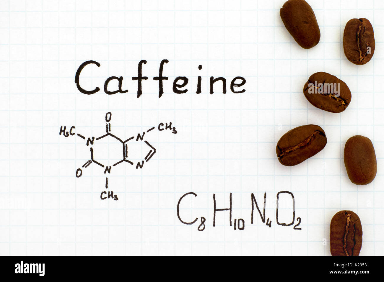 Chemical formula of Caffeine with coffee beans. Closeup Stock Photo