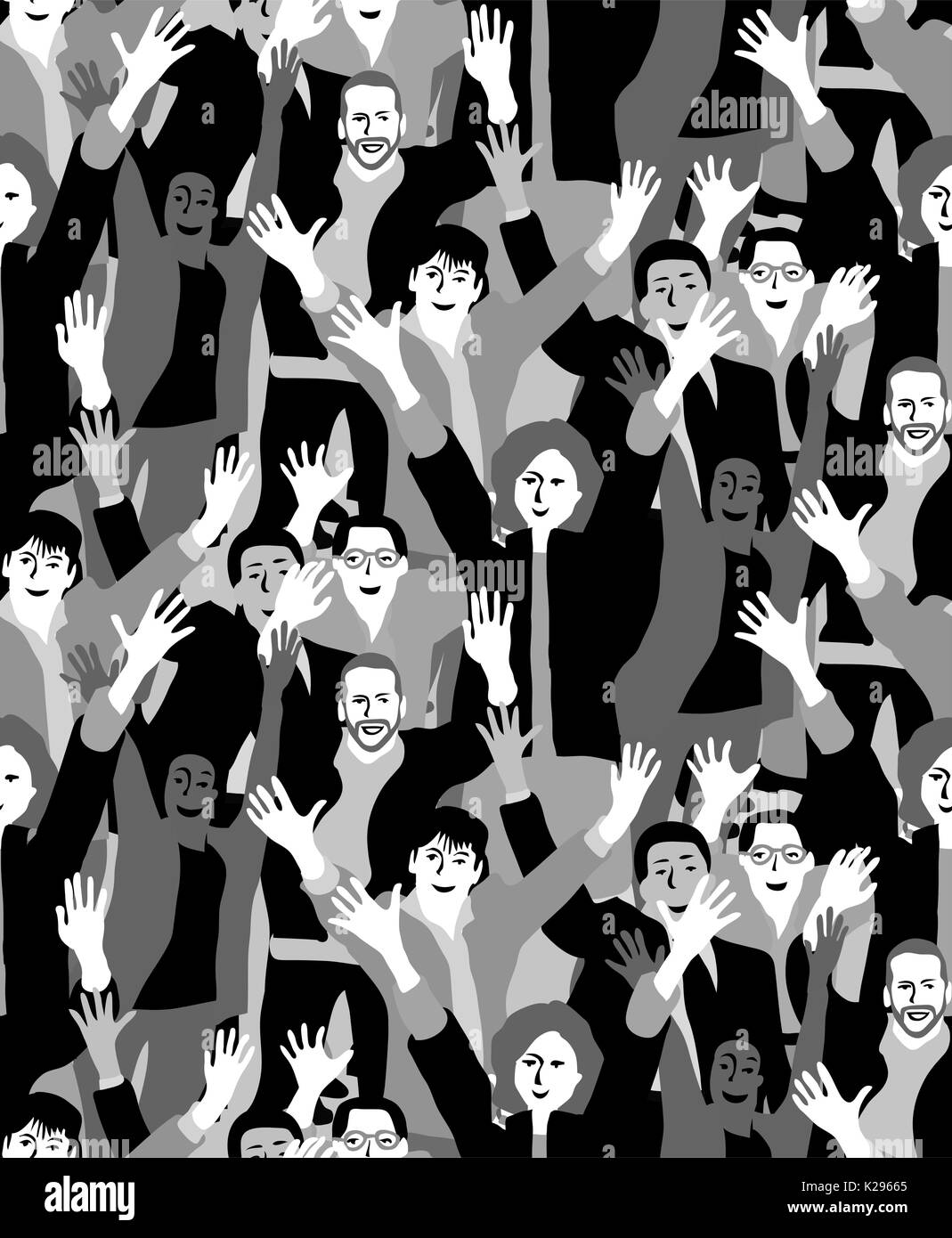 Big crowd happy people black and white seamless pattern. Stock Vector