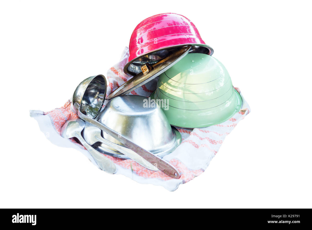 Kitchen utensils on a towel Stock Photo Alamy