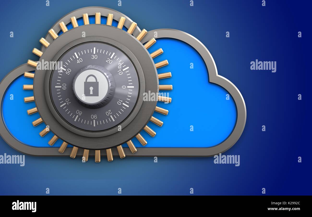 3d illustration of cloud with combination lock over blue background ...