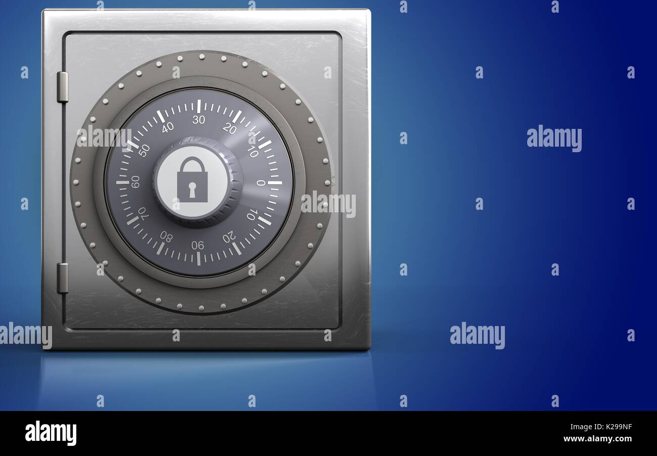 3d illustration of metal safe with combination lock over blue ...