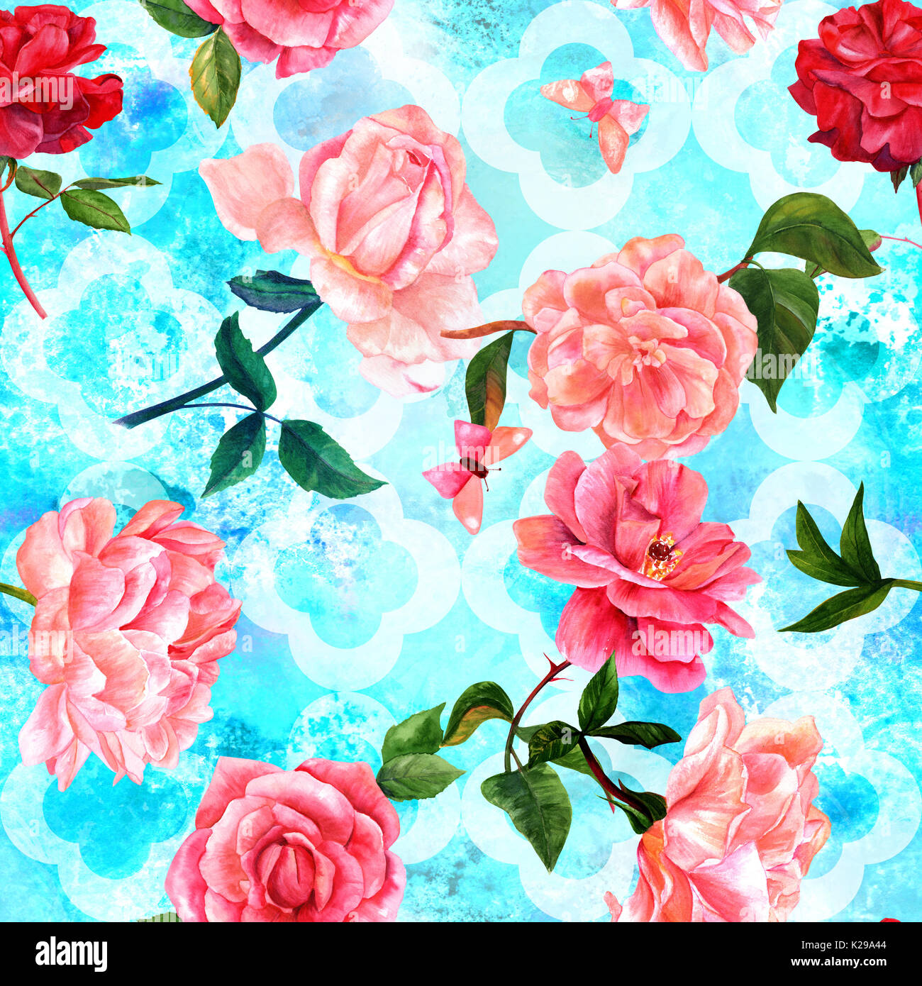 Seamless pattern of watercolor flowers and butterflies on blue Stock ...