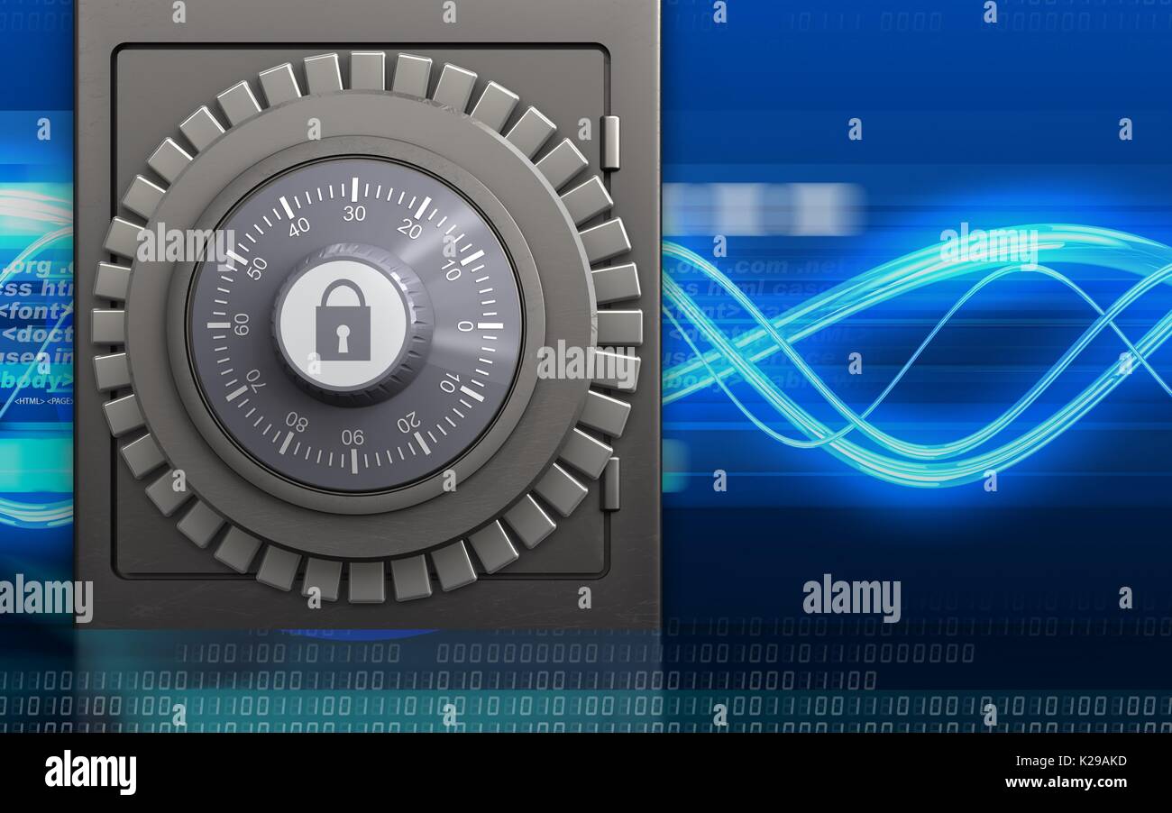 3d illustration of metal safe with combination lock over digital waves ...