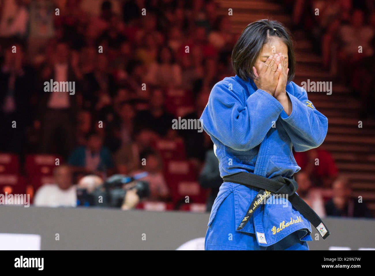 Budapest, Hungary. 28th Aug, 2017. Dolgova Irina of Russia (white kimono) and Galbadrakh Otgontsetseg of Kazahstan (blue kimono) during the fight at the Judo World Championship Budapest 2017 on August 28th, 2017 in Budapest, Hungary. Credit: Rok Rakun/Pacific Press/Alamy Live News Stock Photo