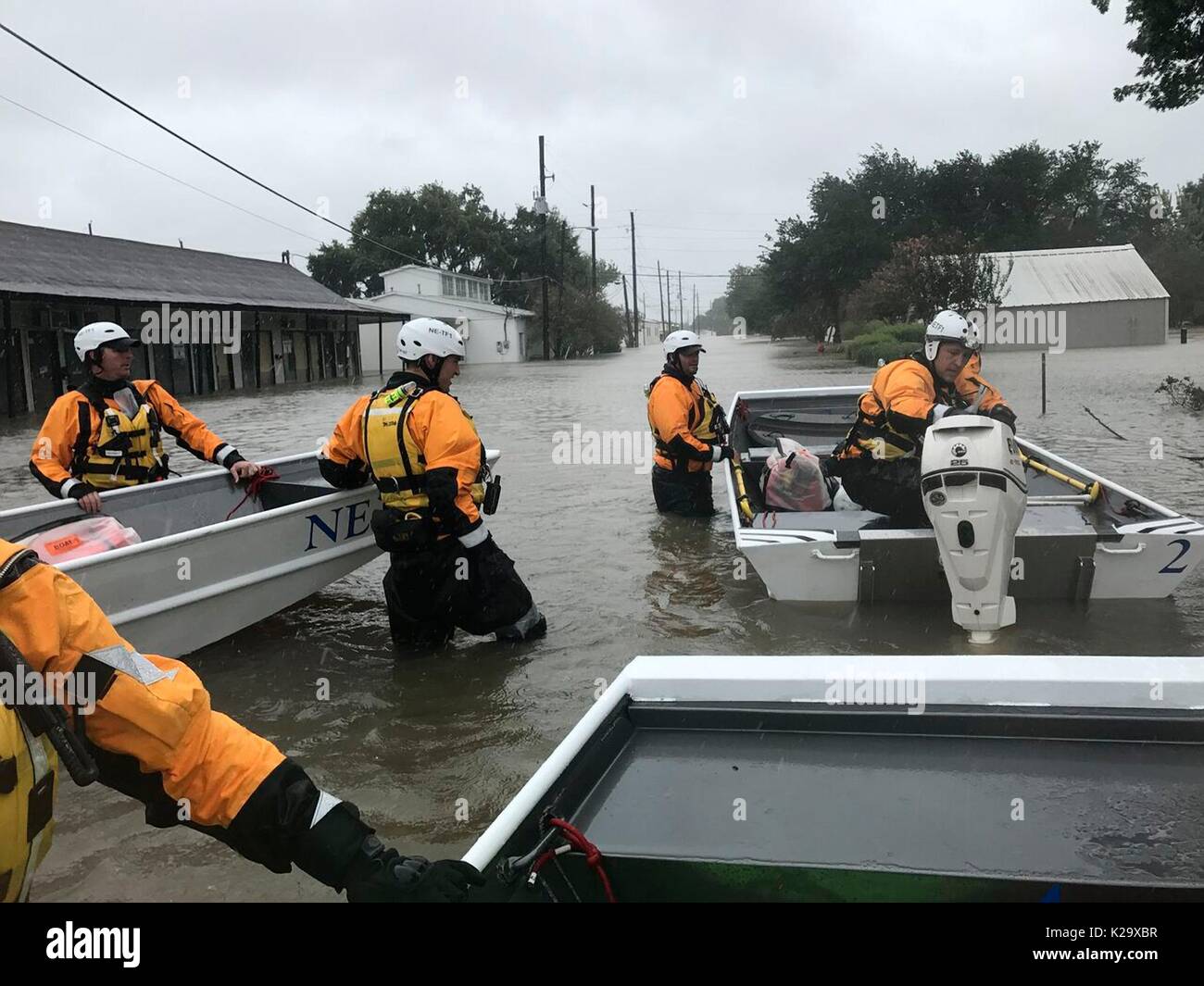 Texas, USA. 28th Aug, 2017. Nebraska Task Force 1 Urban Search & Rescue members arrive to evacuate stranded residents trapped by flooding in the aftermath of Hurricane Harvey August 29, 2017 in Katy, Texas. Credit: Planetpix/Alamy Live News Stock Photo