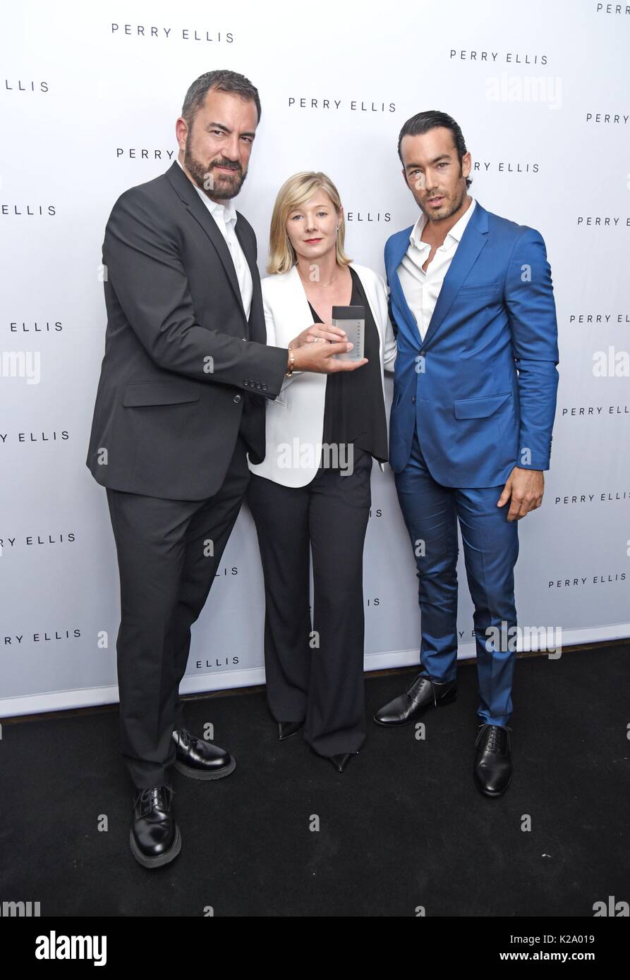 New York, NY, USA. 29th Aug, 2017. Michael Maccari, Creative Director of Perry Ellis, Melissa Worth, Aaron Diaz at arrivals for Perry Ellis Men's Fragrance Launch, Kola House, New York, NY August 29, 2017. Credit: Derek Storm/Everett Collection/Alamy Live News Stock Photo
