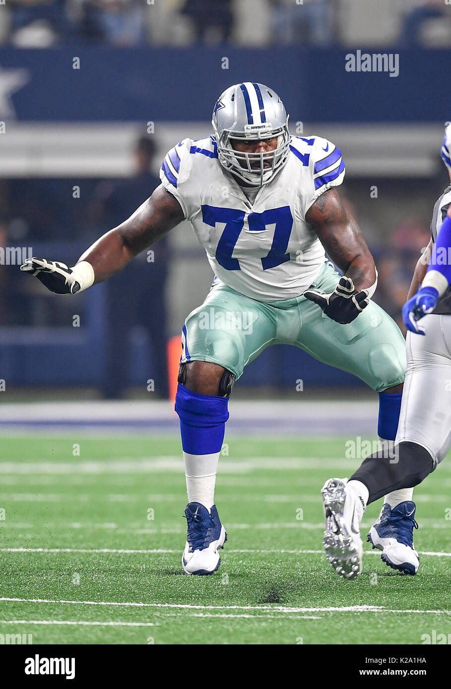 August 26th, 2017:.Dallas Cowboys tackle Tyron Smith (77) during an NFL  football game between the Oakland Raiders and Dallas Cowboys at AT&T  Stadium in Arlington, Texas. .Manny Flores/CSM Stock Photo - Alamy