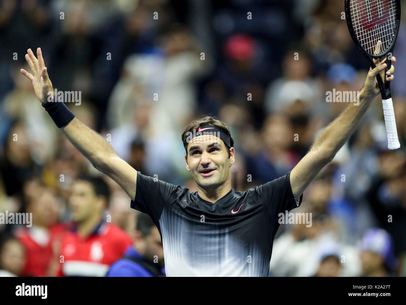 New York, USA. 29th Aug, 2017. Roger Federer of Switzerland celebrates after the men's singles first round match against Frances Tiafoe of the United States at the 2017 US Open tennis tournament in New York, the United States, Aug. 29, 2017. Credit: Wang Ying/Xinhua/Alamy Live News Stock Photo