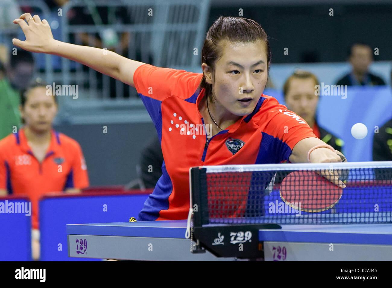 Tianjin. 30th Aug, 2017. Ding Ning of Beijing competes during the women's table  tennis team quarterfinal against Jiangsu at 13th Chinese National Games in  north China's Tianjin Municipality, Aug. 30, 2017. Beijing
