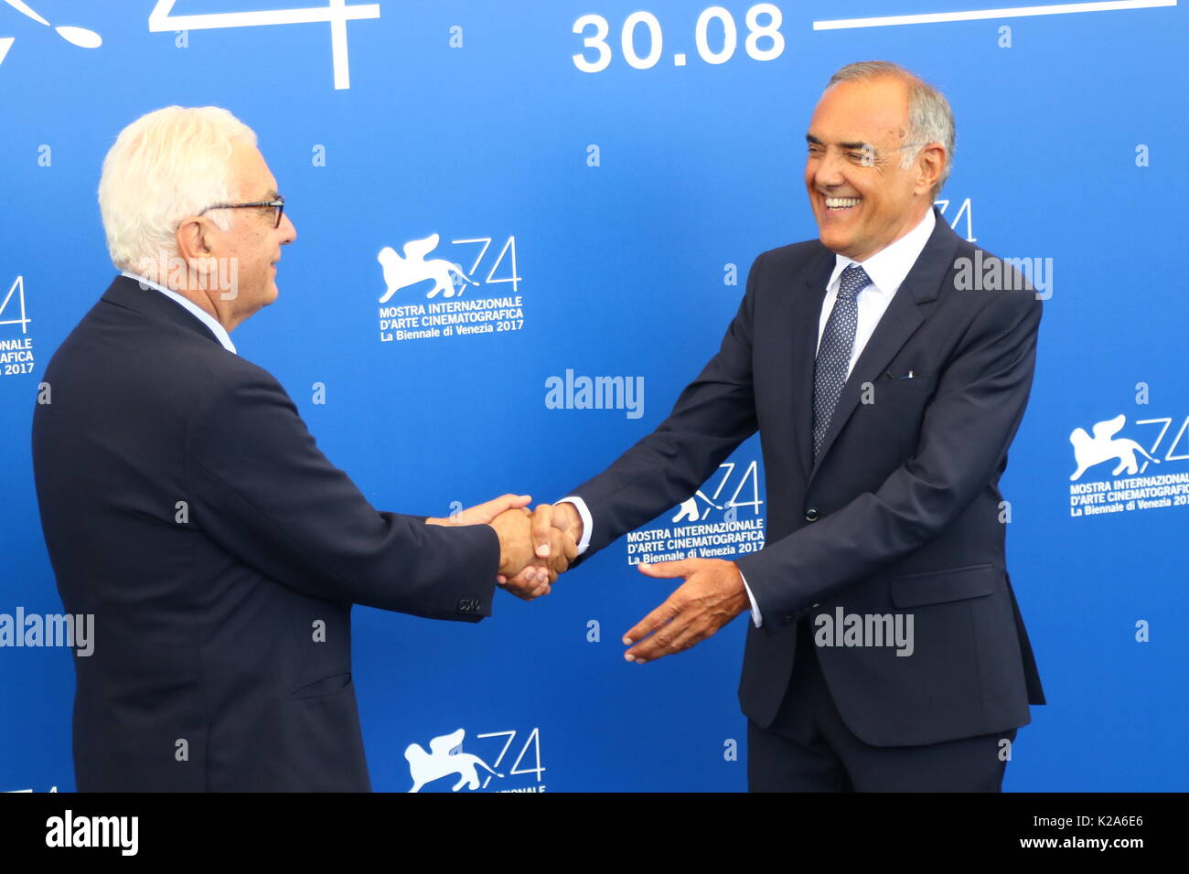 Venice, Italy. 30th Aug, 2017. Director of the Venice International Film Festival Alberto Barbera (R) withbPaolo Baratta, President of la Biennale di Venezia (L) attends the photocall during the 74th Venice International Film Festival at Lido of Venice on 30th August, 2017. Credit: Andrea Spinelli/Alamy Live News Stock Photo