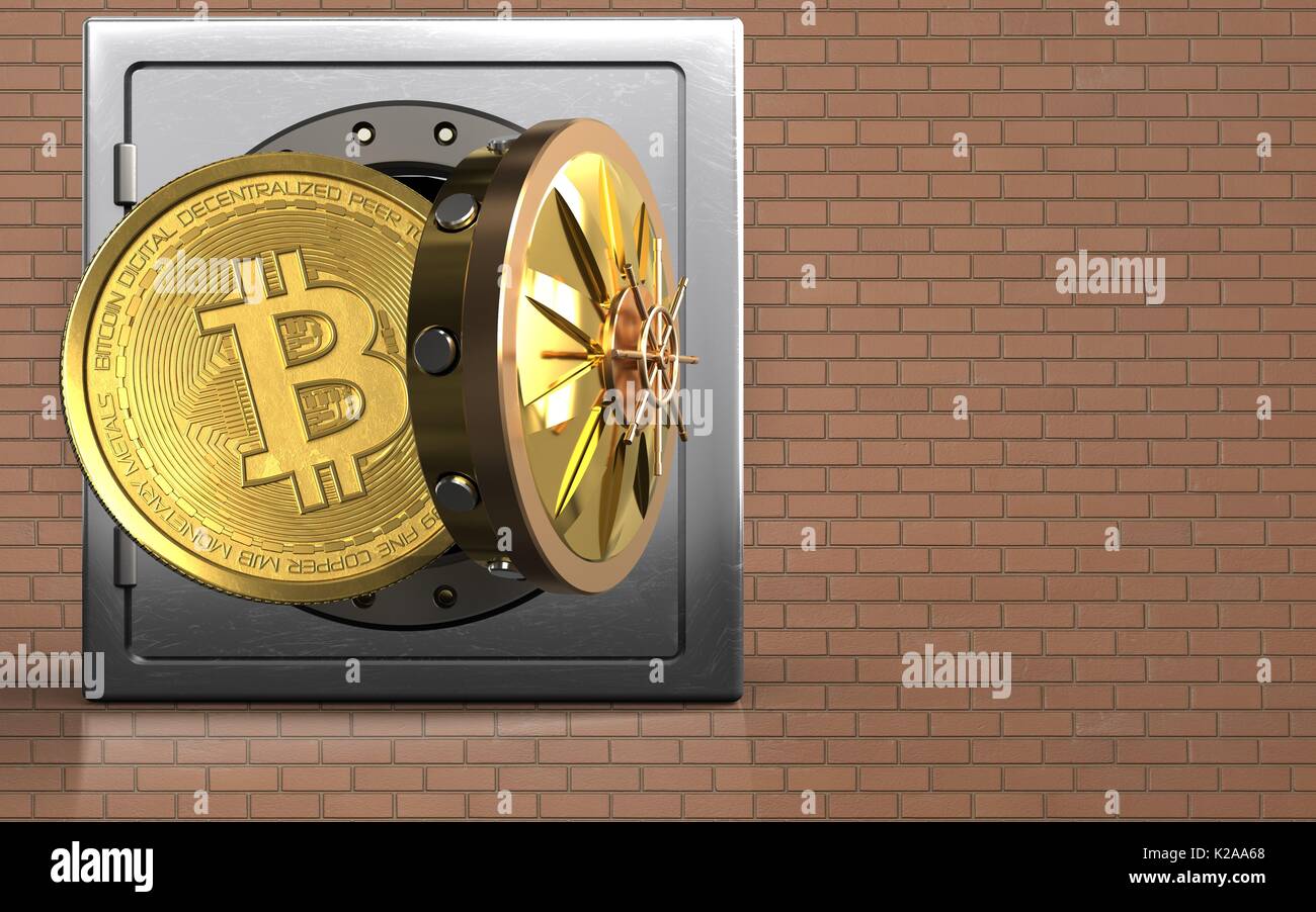 3d illustration of metal safe with bitcoin over bricks wall background  Stock Photo - Alamy
