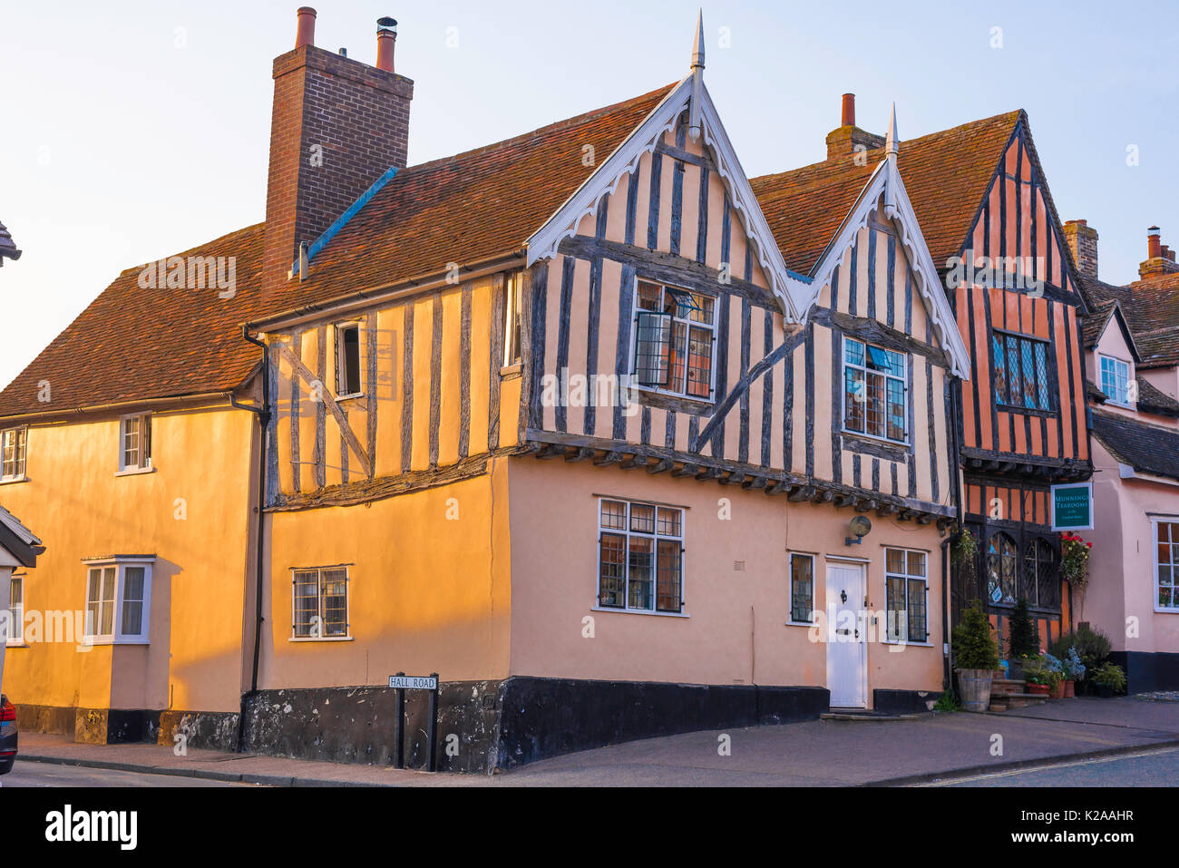 Lavenham Suffolk colour, exterior of medieval halftimbered houses in