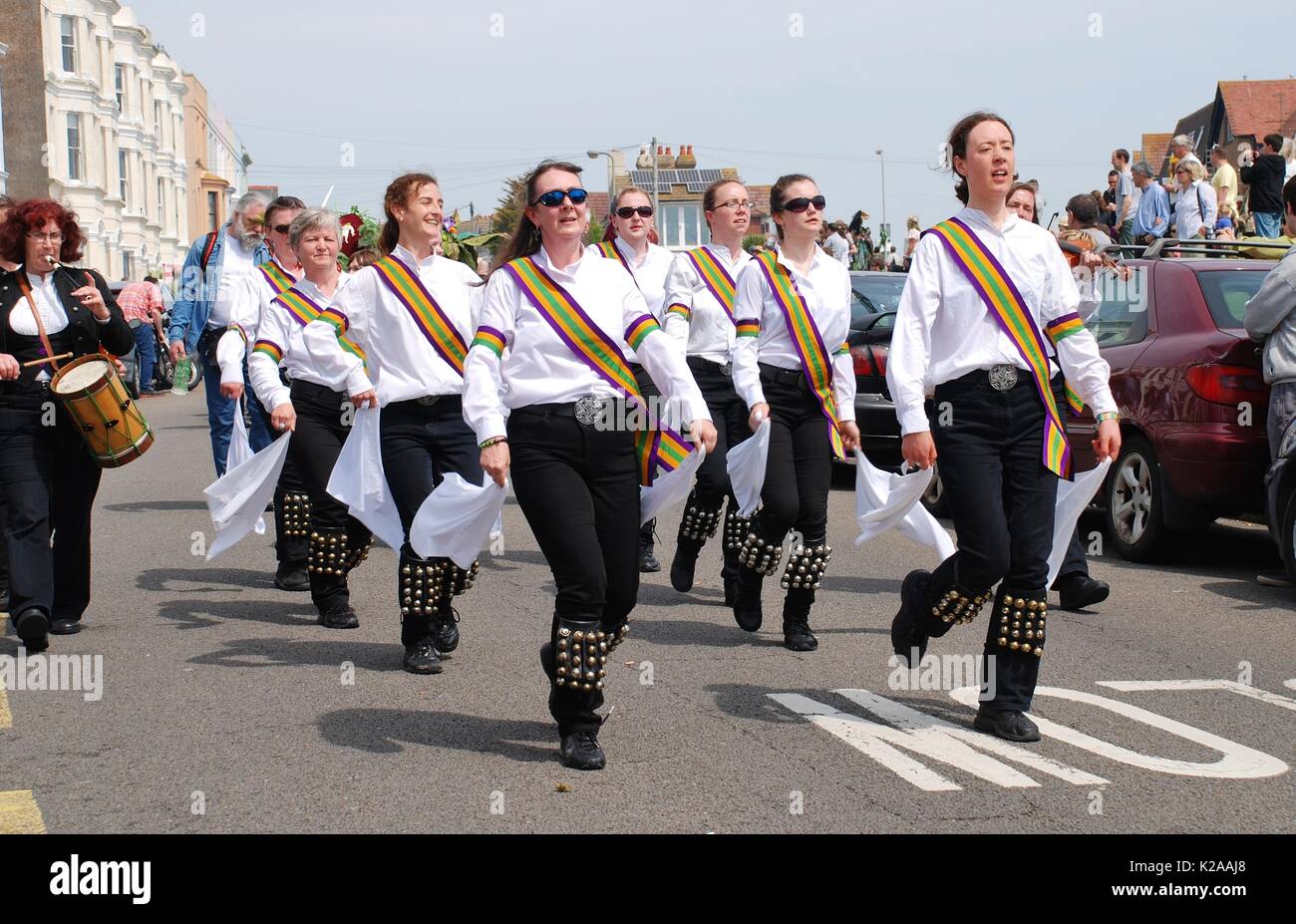 The New Esperance morris dancers perform during the parade on the West Hill at the Jack In The Green festival in Hastings, England on May 5, 2014. Stock Photo