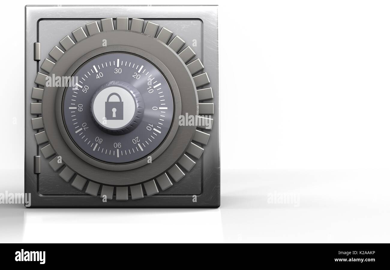 3d illustration of metal safe with combination lock over white ...