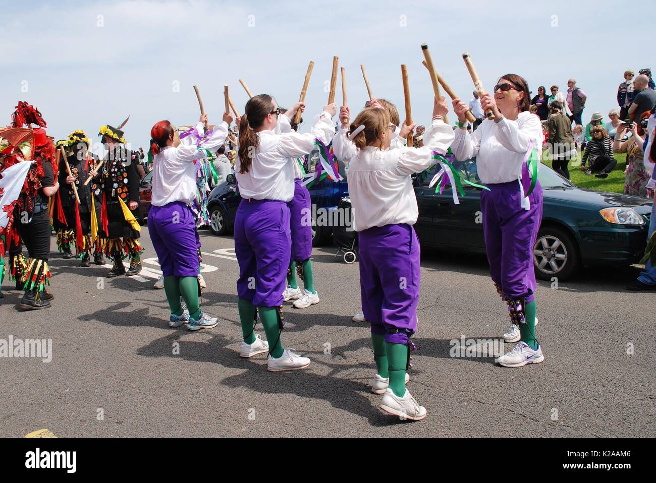 The Black Annis morris dancers perform during the parade on the West Hill at the Jack in The Green festival at Hastings, England on May 5, 2014. Stock Photo