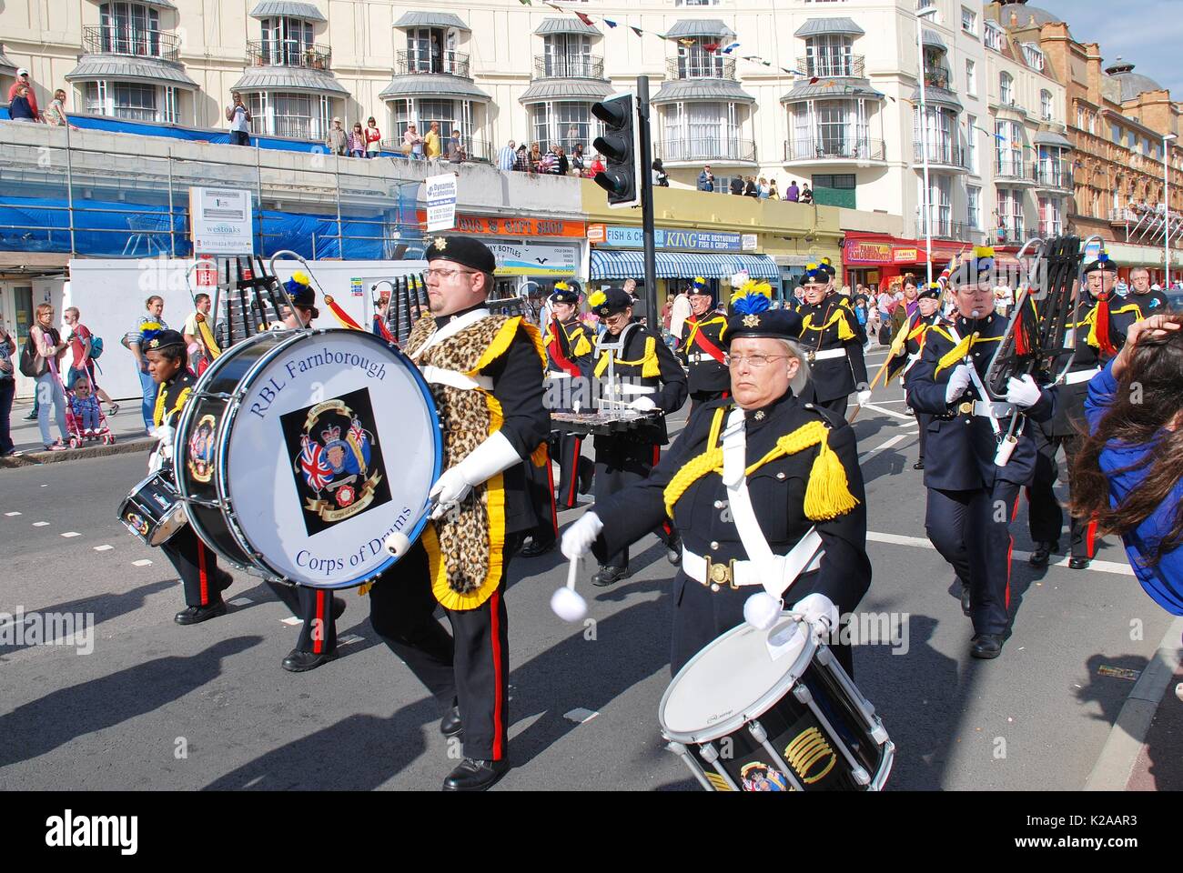 The Farborough Royal British Legion Corps of Drums take part in the seafront parade at the Old Town Carnival at Hastings, England on August 10, 2013. Stock Photo