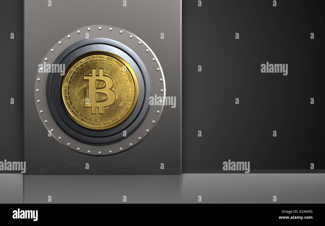 3d illustration of metal box with bitcoin safe over black background ...