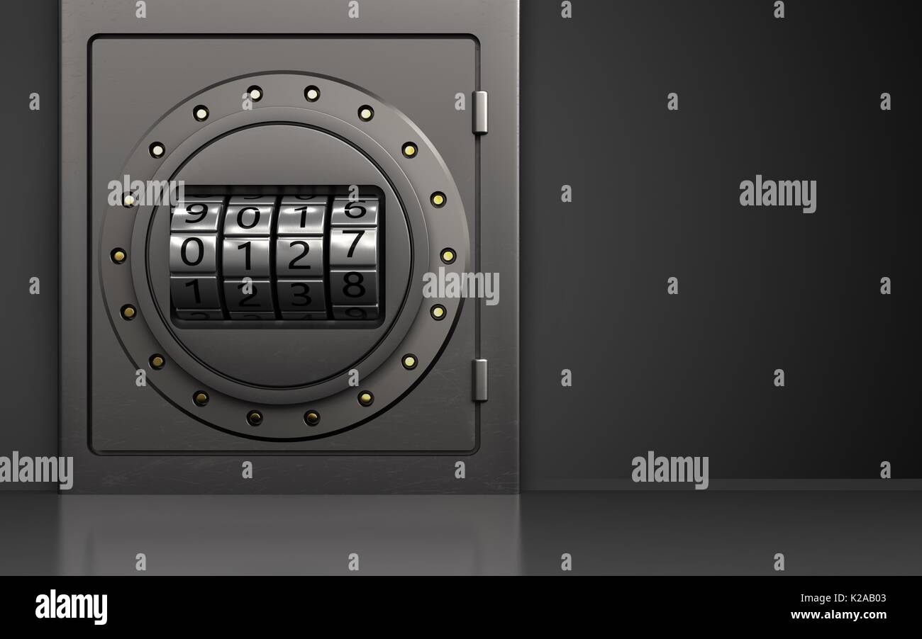 3d illustration of metal safe with code dial over black background ...