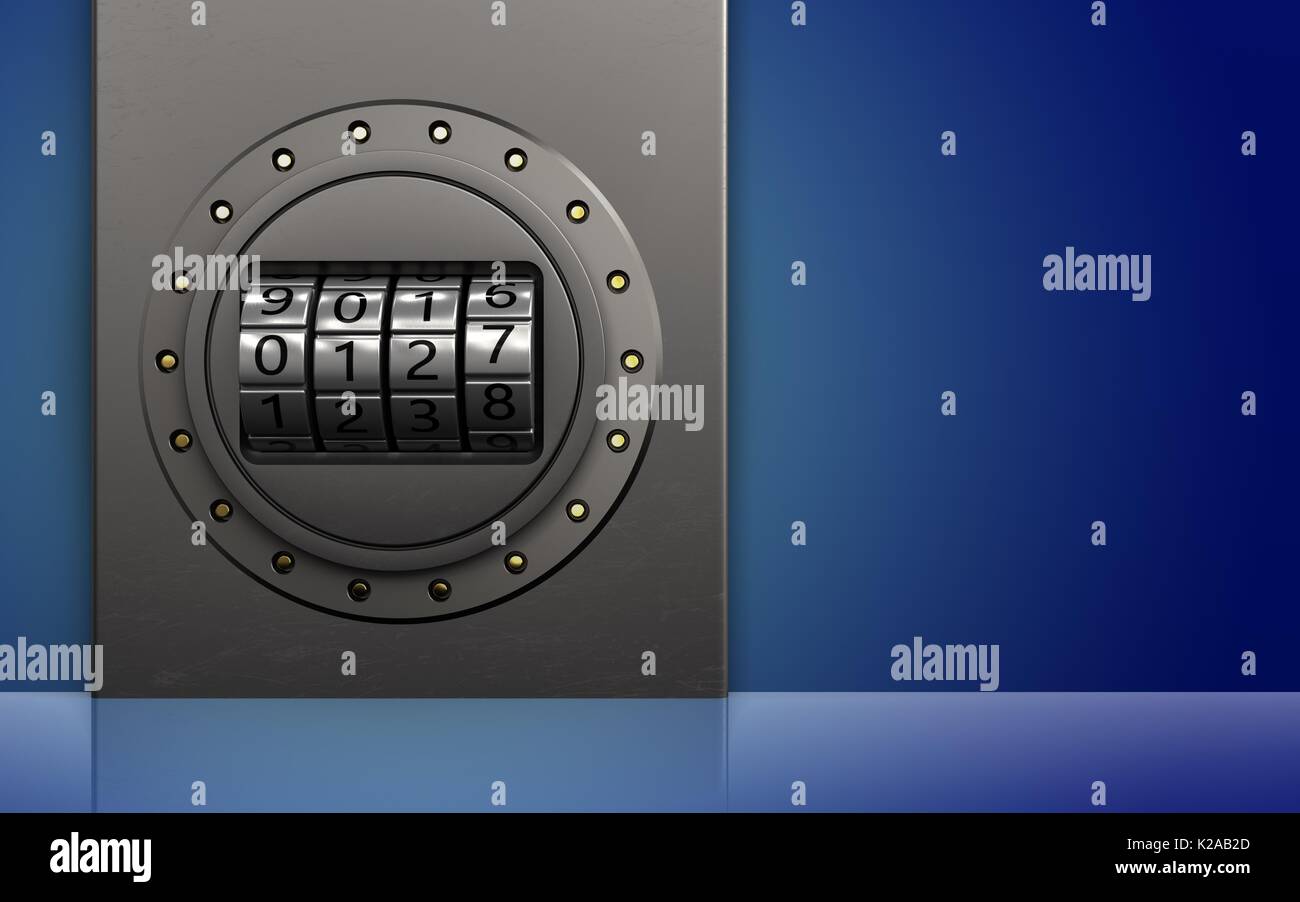 3d illustration of metal box with code dial over blue background Stock Photo
