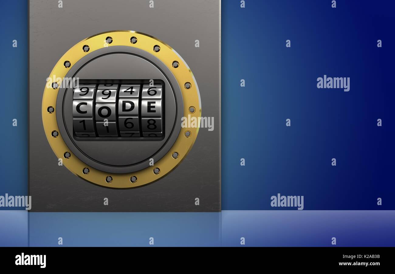 3d illustration of metal box with code dial over blue background Stock Photo