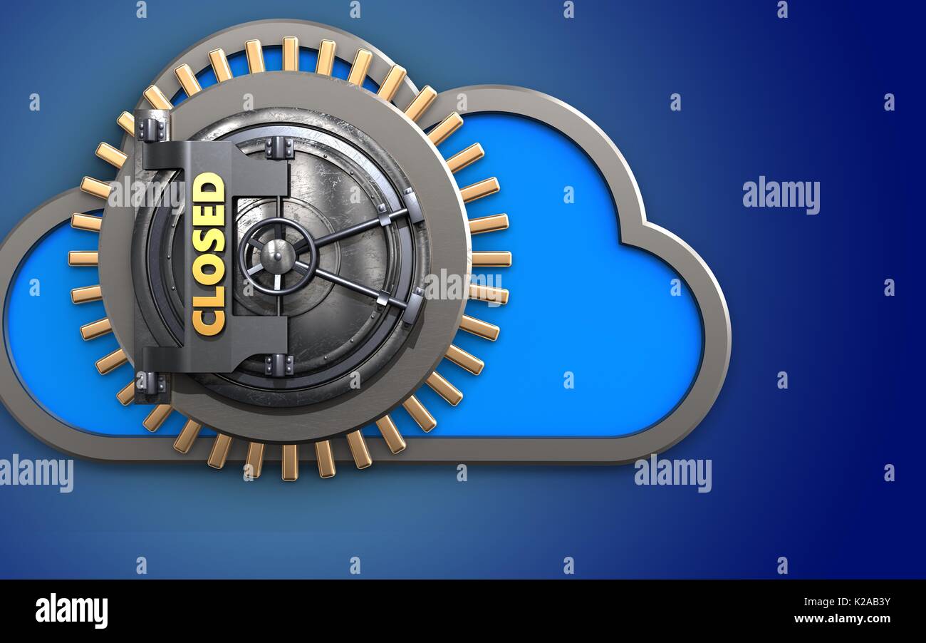 3d illustration of cloud with closed vault door over blue background ...