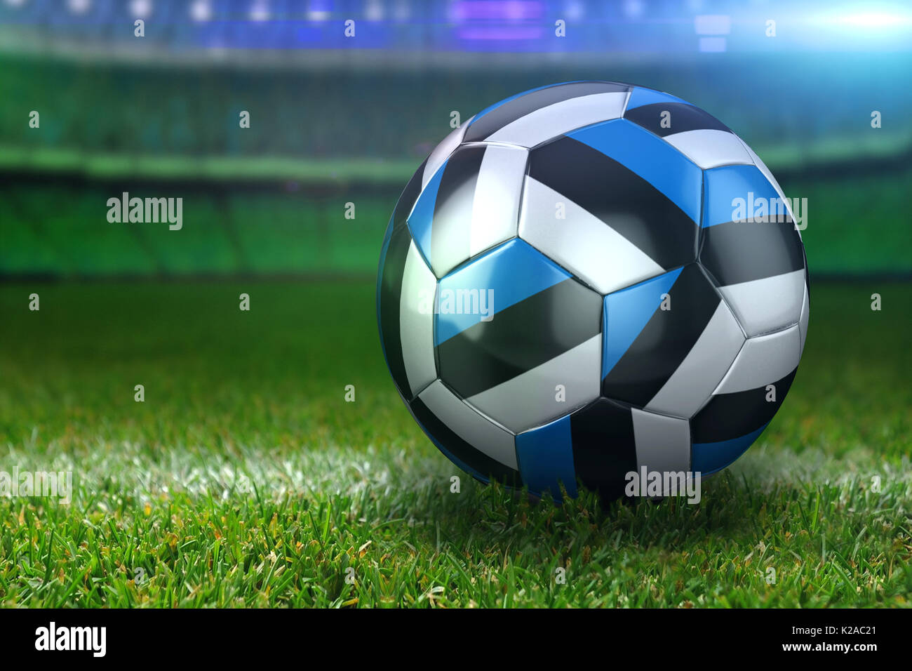 High quality render of 3D football ball at a stadium on green grasses ...