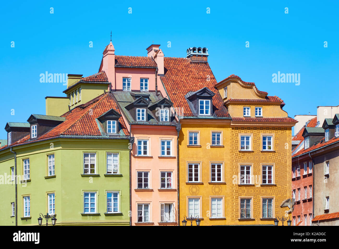 Beautiful colored old European houses in the center of the old town in Warsaw, Poland Stock Photo