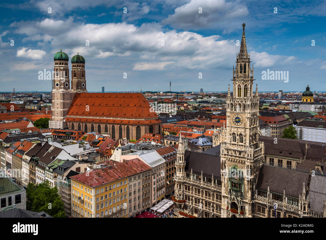 City skyline with Frauenkirche cathedral and new city hall or Neues Rathaus, Munich, Bavaria, Germany Stock Photo