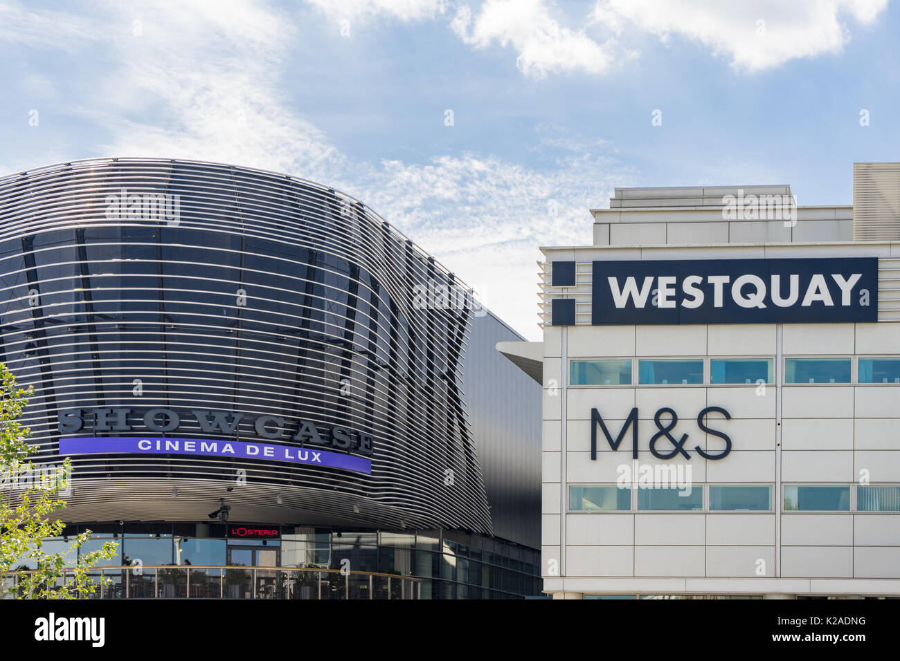 Contrasting architecture between the old and the new extension to WestQuay shopping centre, dining and leisure complex in Southampton in 2017, UK Stock Photo