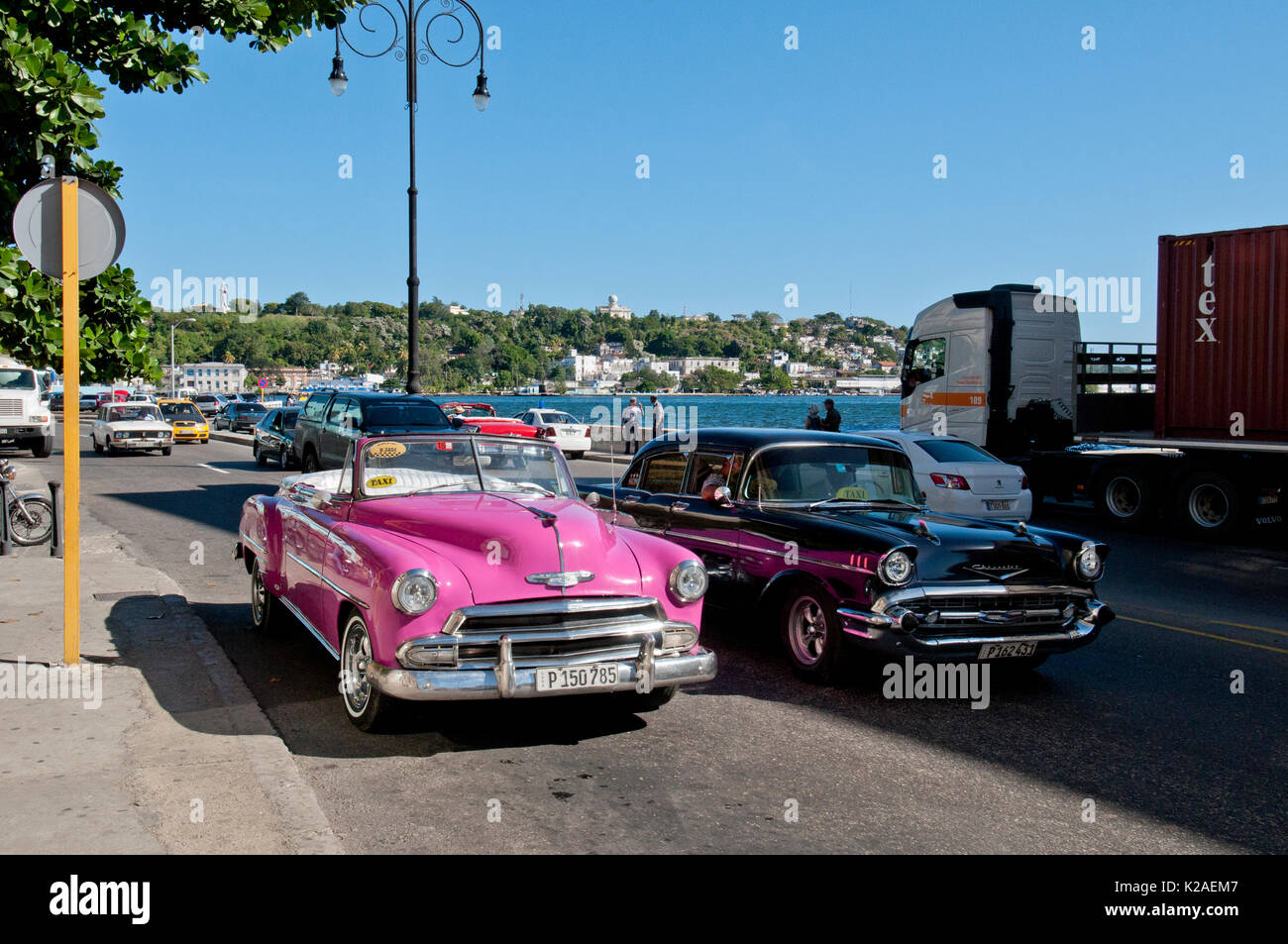 Old American car taxis in Havana Cuba Stock Photo