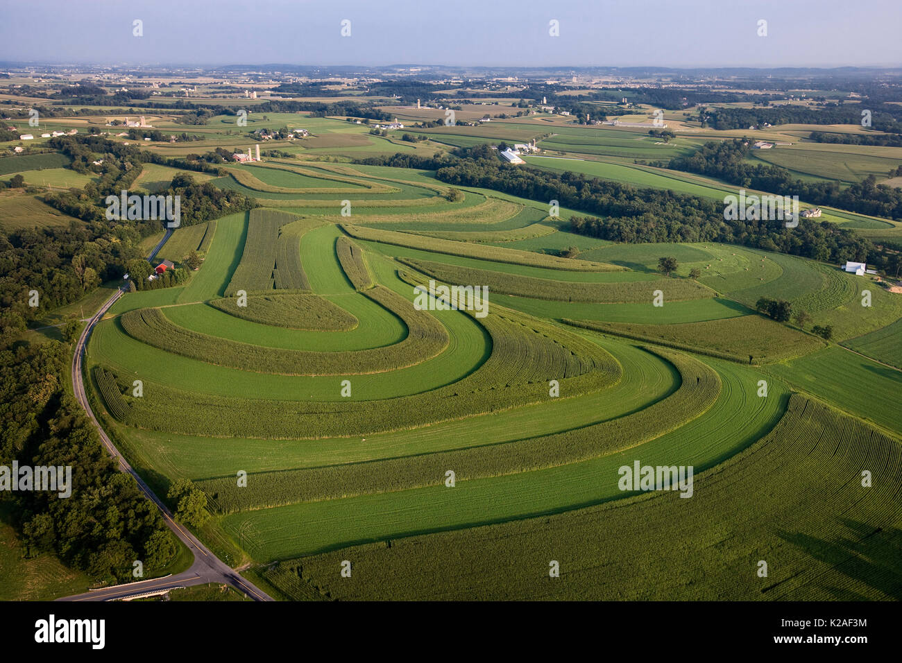 AERIAL VIEW OF CONTOURED CROPS IN FIELD, LANCASTER PENNSYLVANIA Stock Photo
