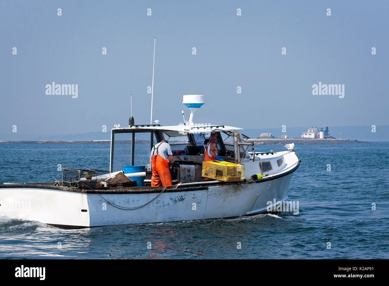 Two men haul traps onto their lobster boat on a summer day in Blue Hill Bay in Maine with lighthouse in the distance. Stock Photo