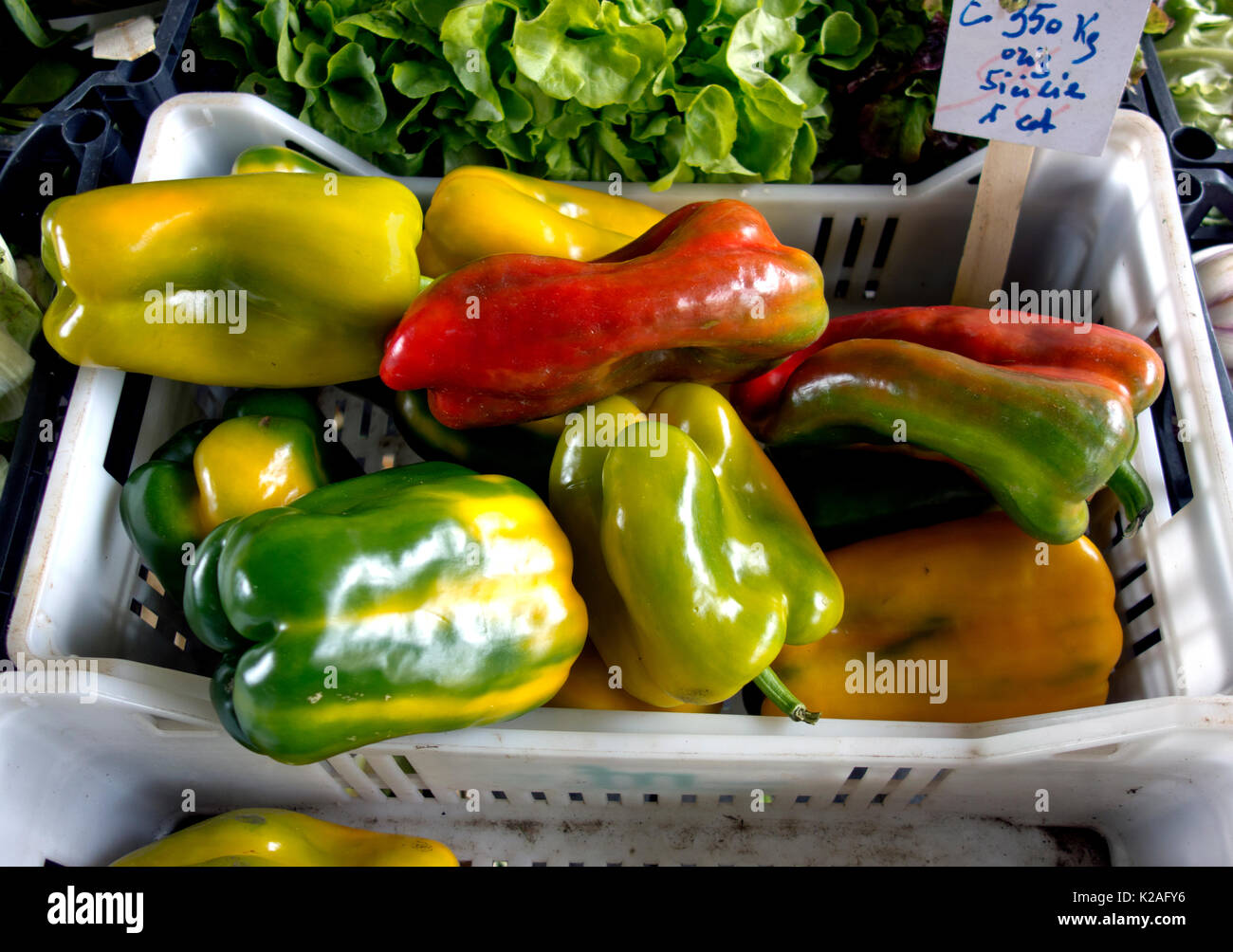 Bell peppers in an open market in Monterosso al Mare, Italy, 2017. Stock Photo