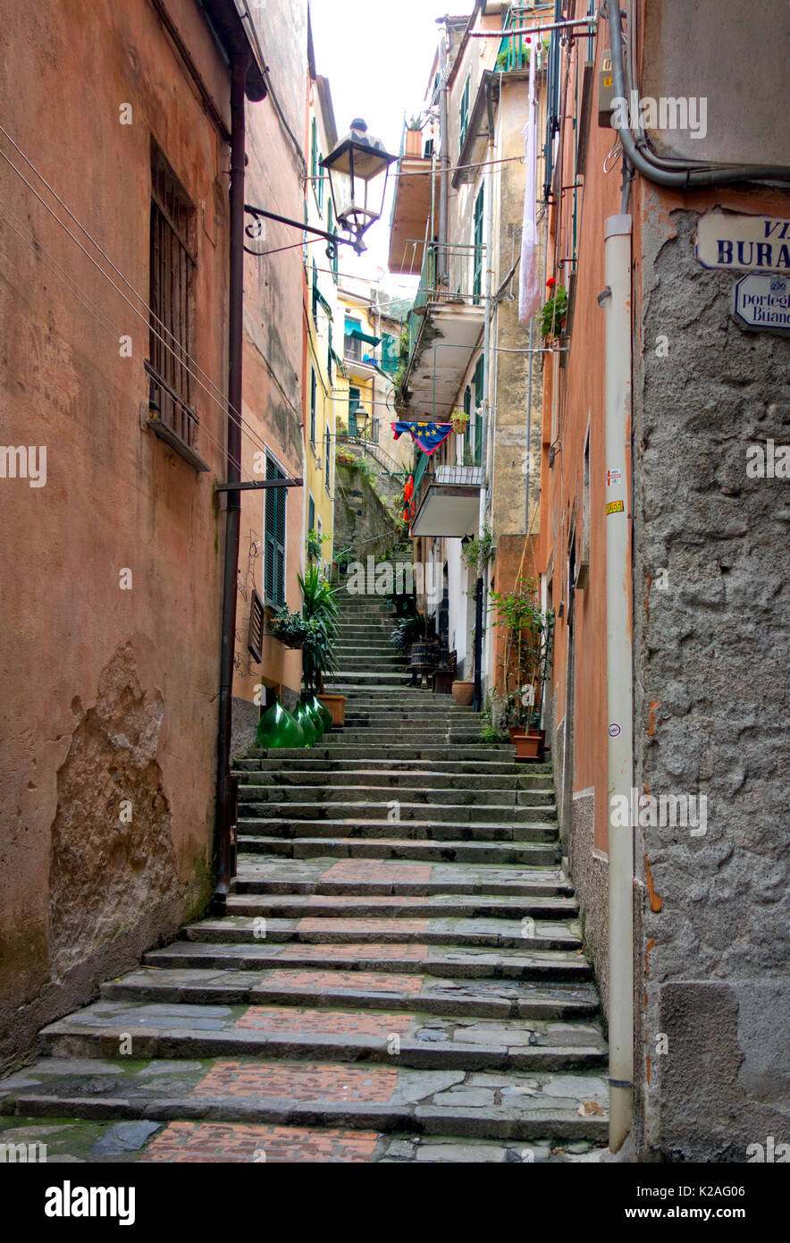 Stairway and residential buildings in Monterosso al Mare, Italy, 2017. Stock Photo