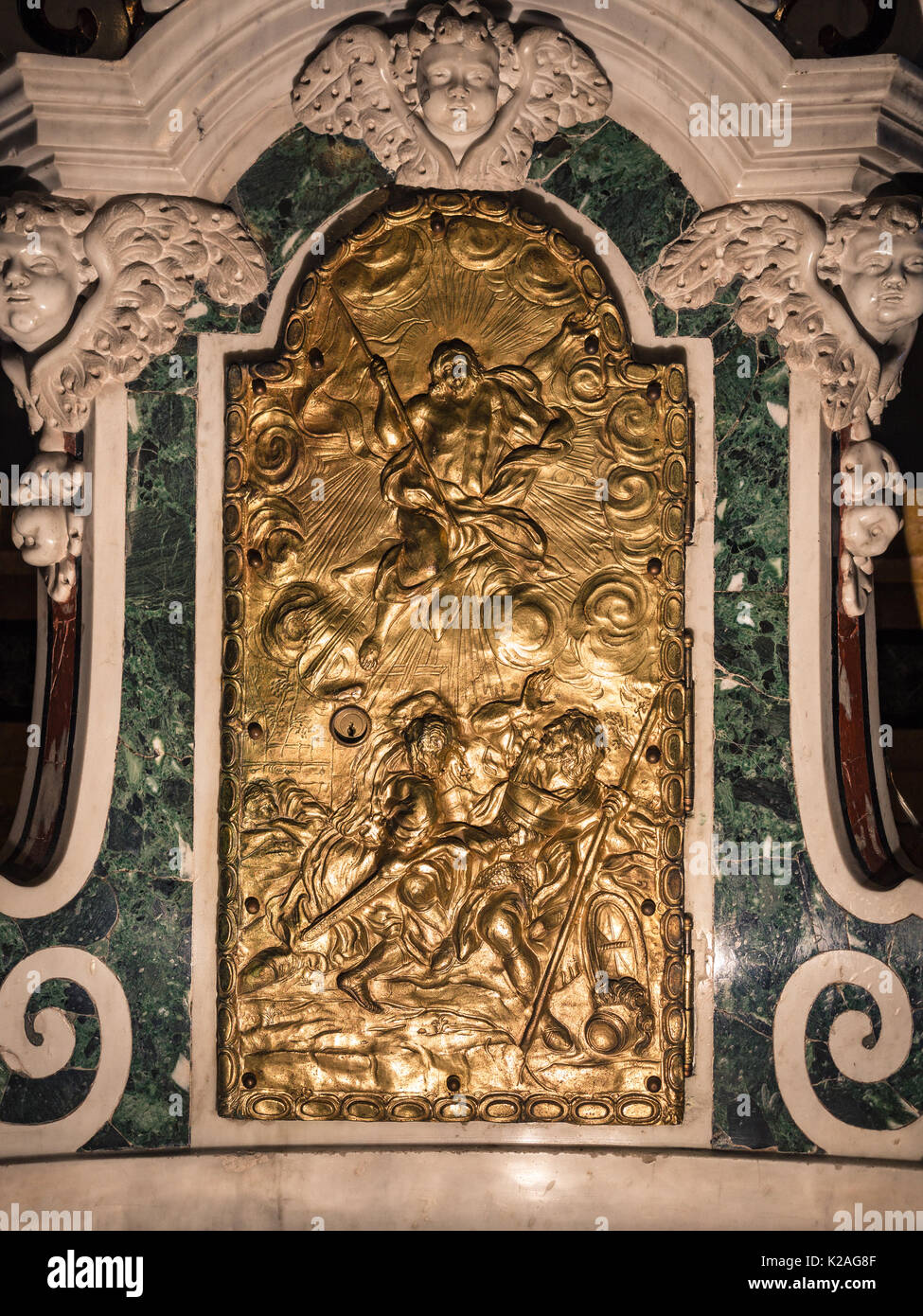 Detail of a tabernacle in a Catholic church in which are preserved the consecrated hosts after the Eucharistic celebration. Stock Photo