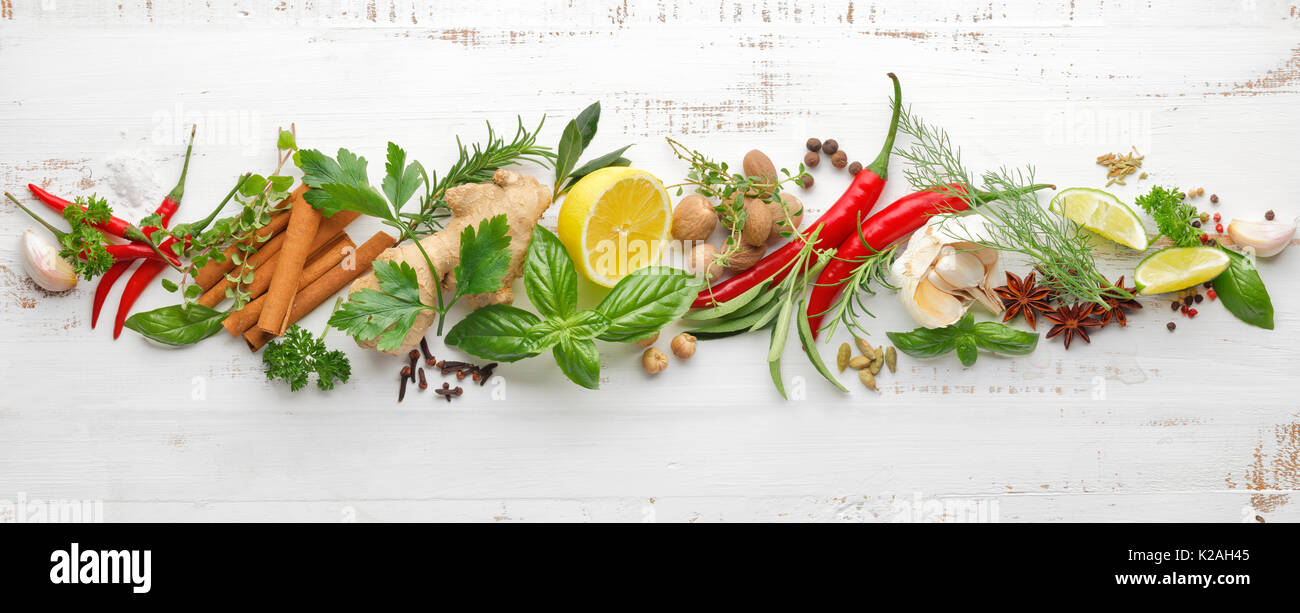 Herbs and Spice Collection on wooden background,Top View. Stock Photo